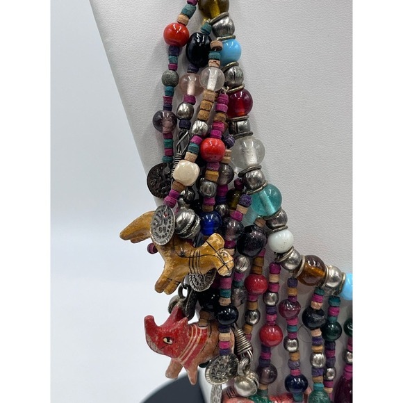 AFRICAN Glass Bead and Carved Animal Dangle Fringe Multicolor Statement Necklace - Picture 5 of 16